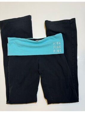 Rare Y2K Victoria's Secret PINK Foldover Flare Yoga Pants Rhinestone Logo